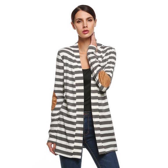 Gray & White Striped Cardigan with Elbow Patches - Picture 3 of 15